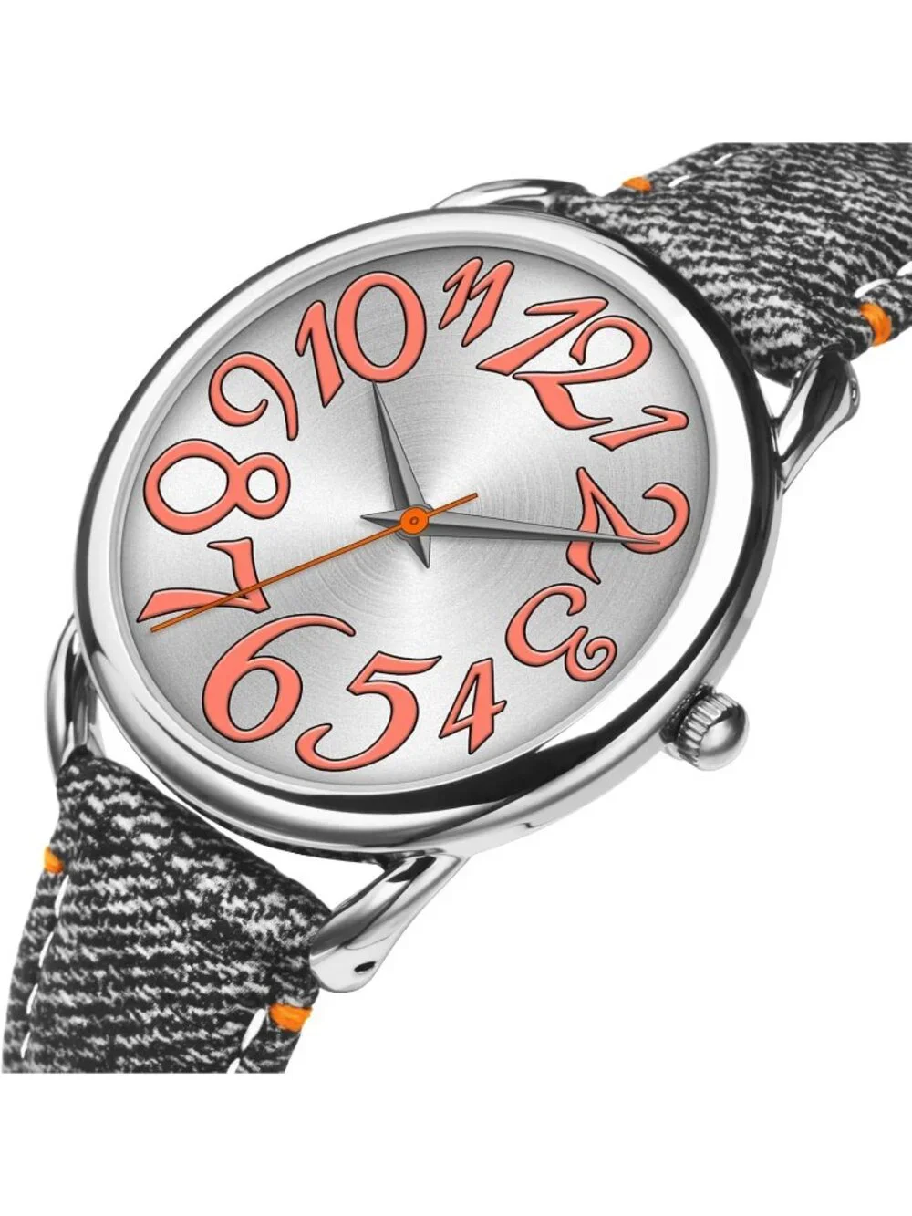 Women's Black Silver Big Arabic Number Easy to Read Denim Leather Strap Watch